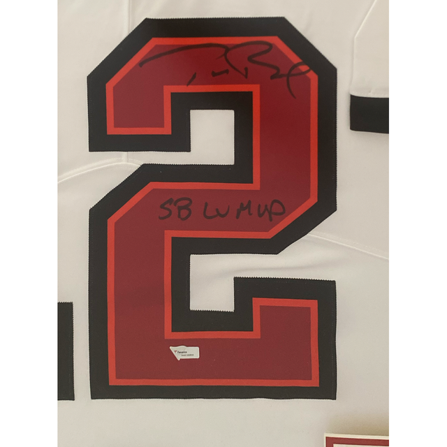 Tom Brady Autographed "SB LV MVP" Buccaneers 42" x 34" Framed Nike White Jersey Fanatics