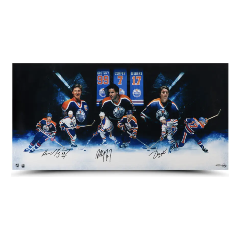 Wayne Gretzky, Coffey & Kurri Autographed Edmonton Oilers "Oilers Greats" 36 x 18 Photo UDA LE