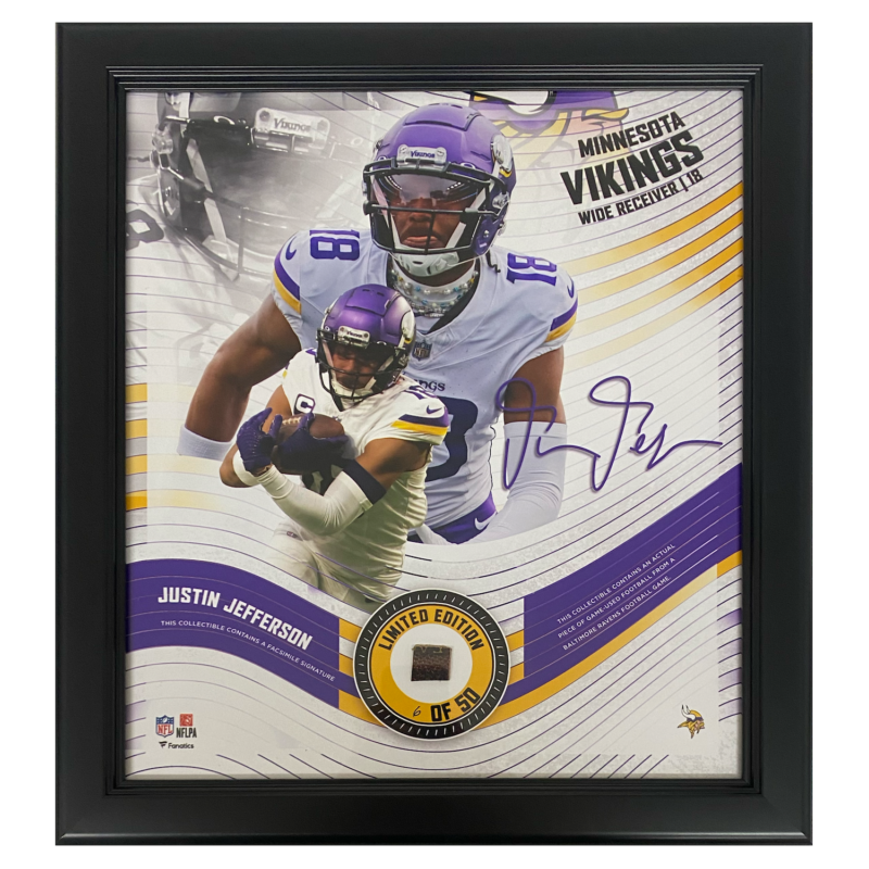Justin Jefferson Vikings Framed 15" x 17" Game Used Football Collage LE 50