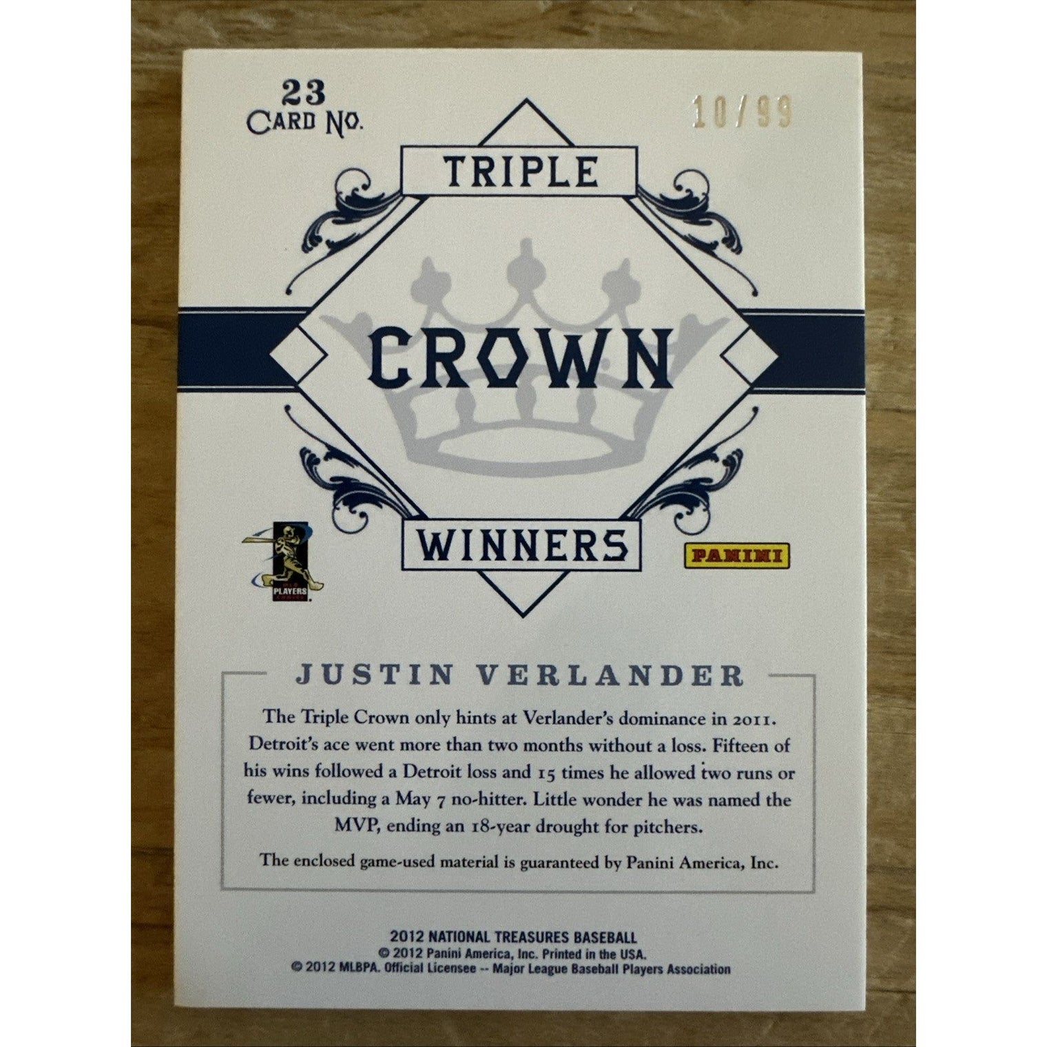 2012 National Treasures Triple Crown Winners Materials Justin Verlander Detroit Tigers 10/99