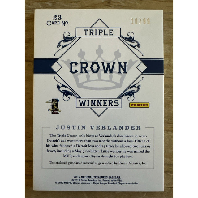 2012 National Treasures Triple Crown Winners Materials Justin Verlander Detroit Tigers 10/99