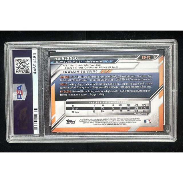 2016 Bowman Draft #BD92 PETE ALONSO New York Mets ROOKIE PSA 9