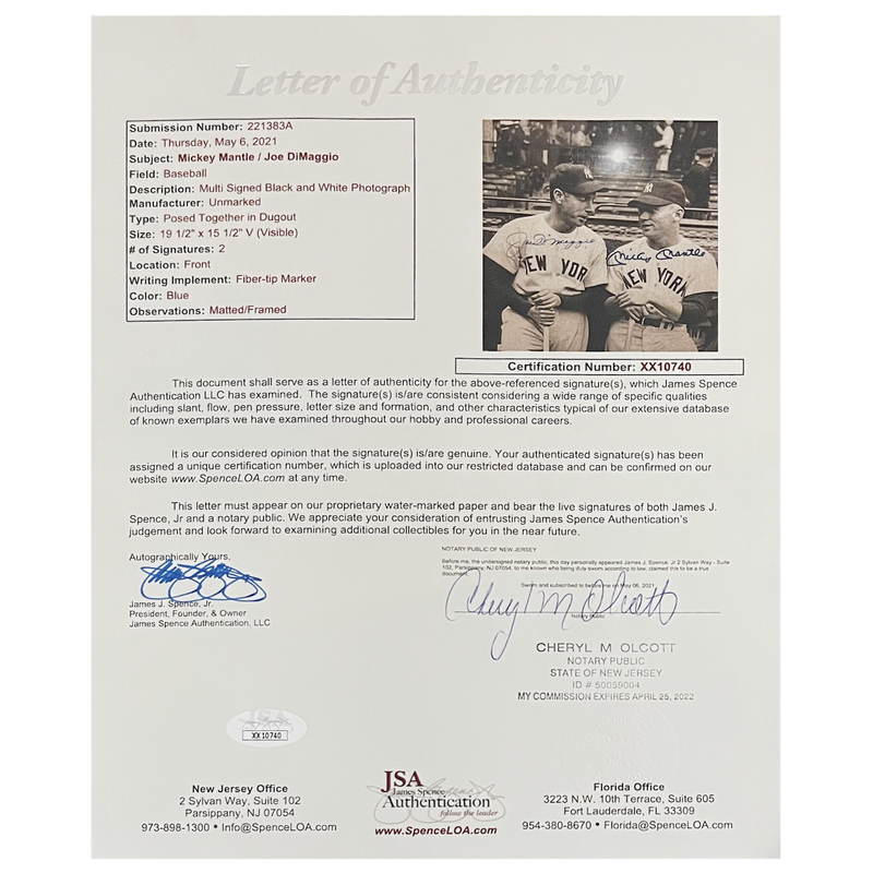 Mickey Mantle / Joe DiMaggio Autographed Yankees 16" x 20" Photograph JSA