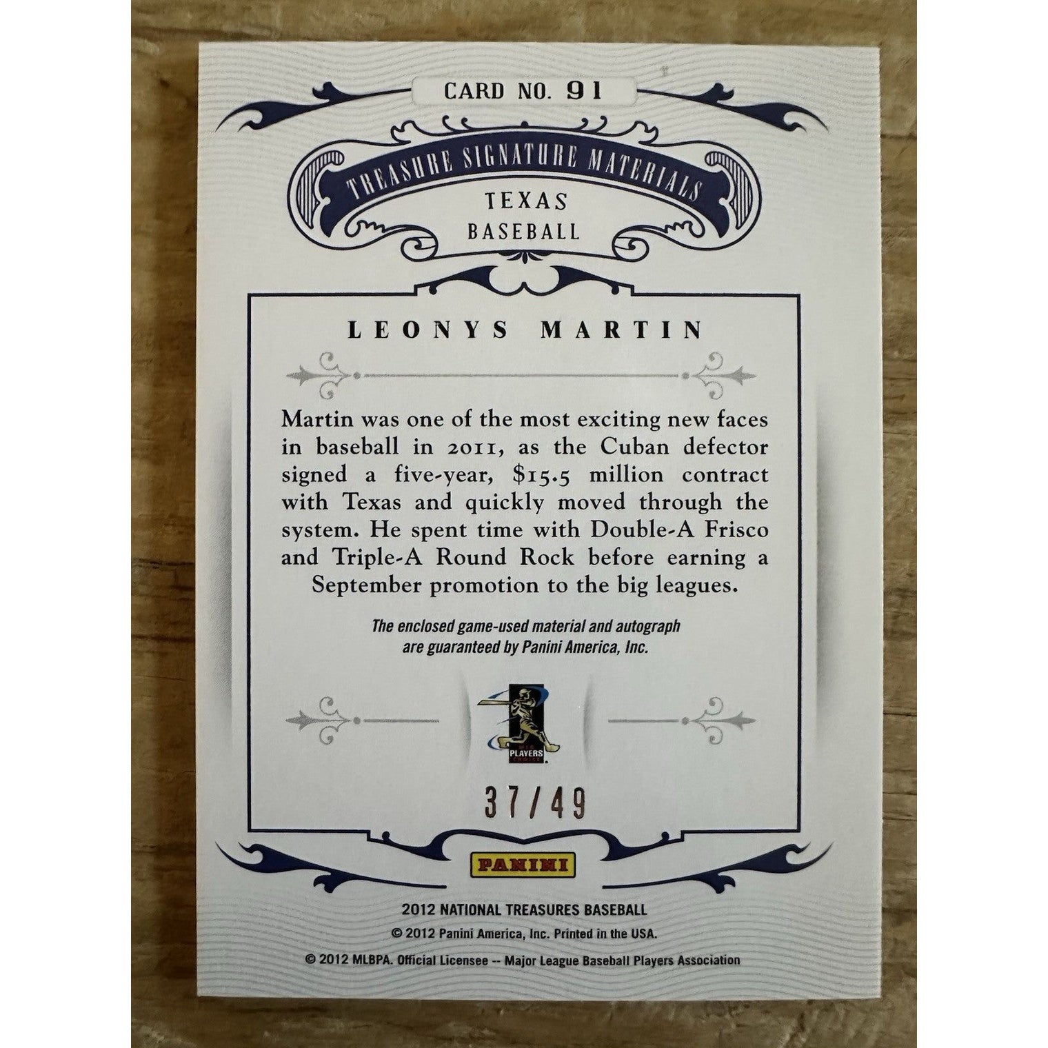 2012 Panini National Treasures 37/49 Leonys Martin #91 Texas Rangers Rookie Auto RC