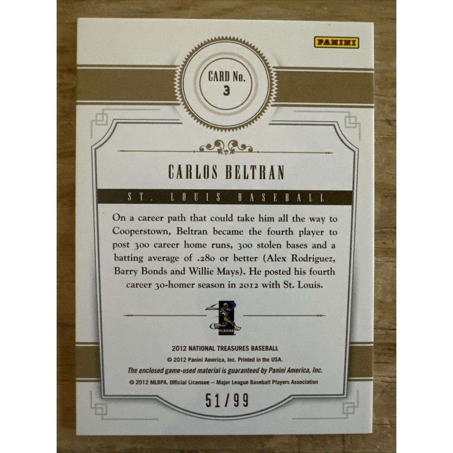 2012 Panini National Treasures Treasure Materials 51/99 Carlos Beltran St. Louis Cardinals #3