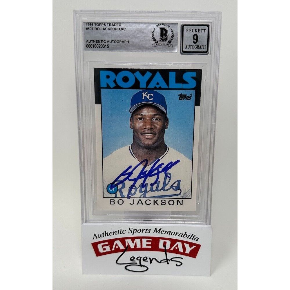 Bo Jackson Autographed 1986 Topps Baseball #50T Kansas City Royals RC Trading Card BGS 9