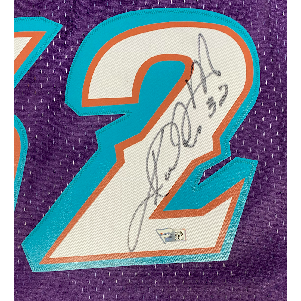 Karl Malone Autographed Utah Jazz M&N 1996 Purple Road Jersey Fanatics