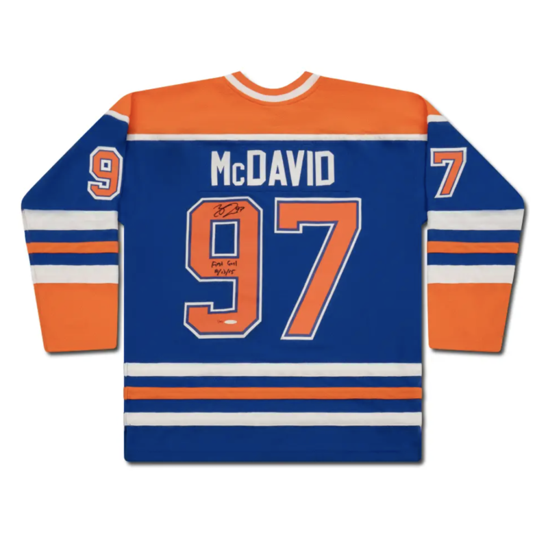 Connor McDavid Autographed & Inscr "First Goal 10/13/15" Oilers Jersey UDA LE 97