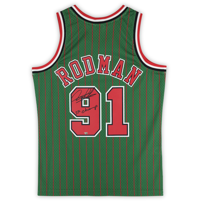 Dennis Rodman Autographed Chicago Bulls "5x Champ" Green Pinstripe Authentic Jersey Fanatics