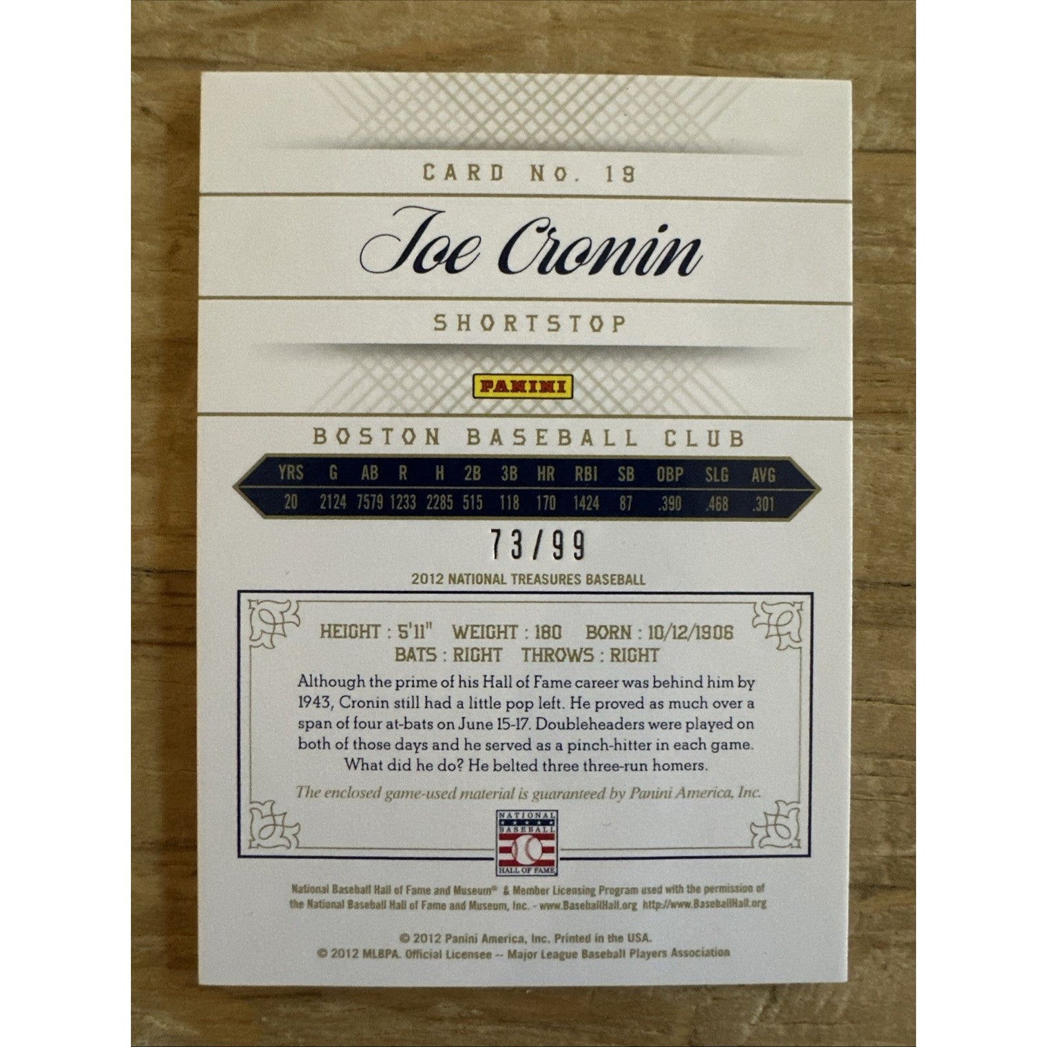 2012 Panini National Treasures 73/99 Joe Cronin Boston Red Sox #19 HOF