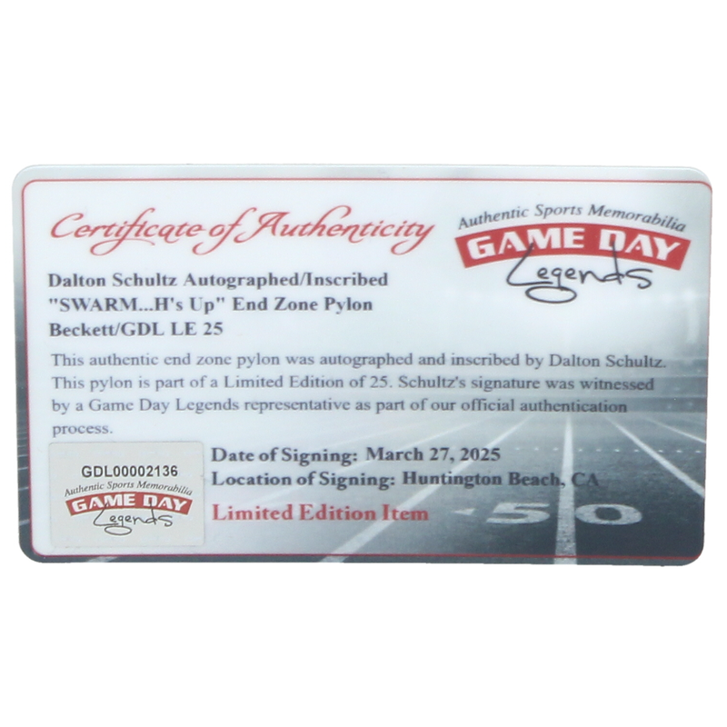 Dalton Schultz Autographed Houston Texans "Swarm H's Up" End Zone Pylon Beckett Witnessed LE 25