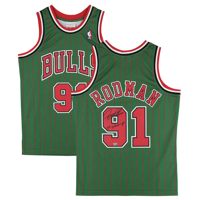 Dennis Rodman Autographed Chicago Bulls "5x Champ" Green Pinstripe Authentic Jersey Fanatics