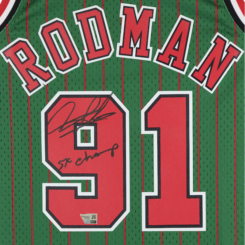 Dennis Rodman Autographed Chicago Bulls "5x Champ" Green Pinstripe Authentic Jersey Fanatics