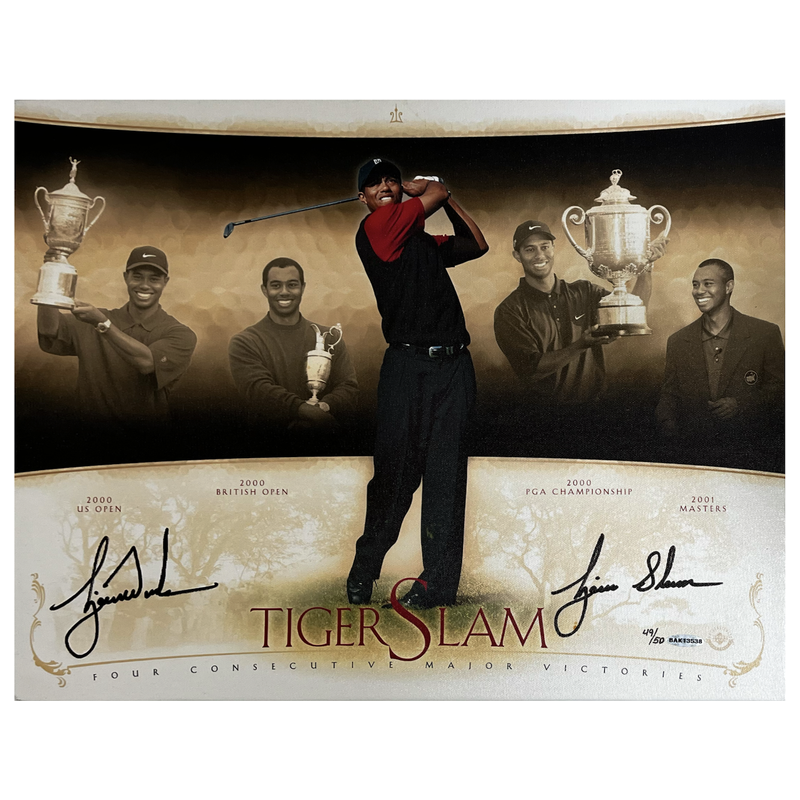 Tiger Woods Autographed "Tiger Slam" 16" x 20" Stretched Canvas UDA LE 50
