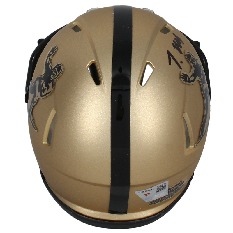 Travis Hunter Autographed Gold Heisman Trophy Logo Speed Mini Helmet Fanatics