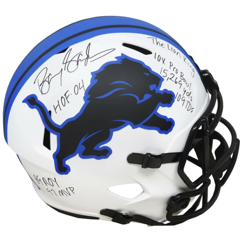 Barry Sanders Autographed Lions '7 Inscription' Full Size Lunar Helmet Schwartz