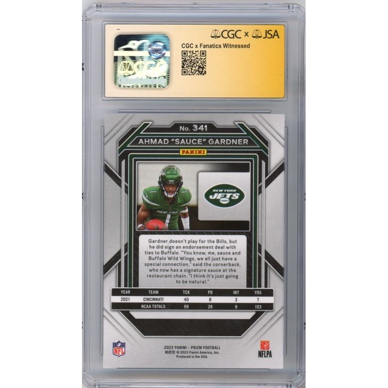 Ahmad Sauce Gardner Autographed 2022 Panini Prizm RC Card #341 Jets CGC AU 10