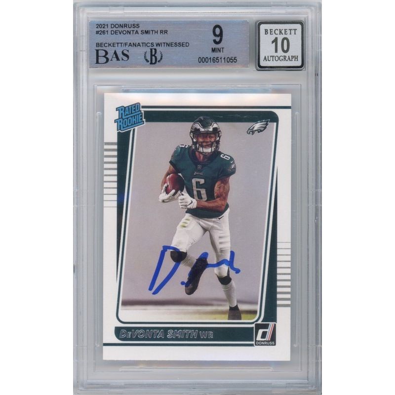 Devonta Smith Autographed Philadelphia Eagles 2021 Donruss Rated Rookie RC Card #261 Eagles BAS 9