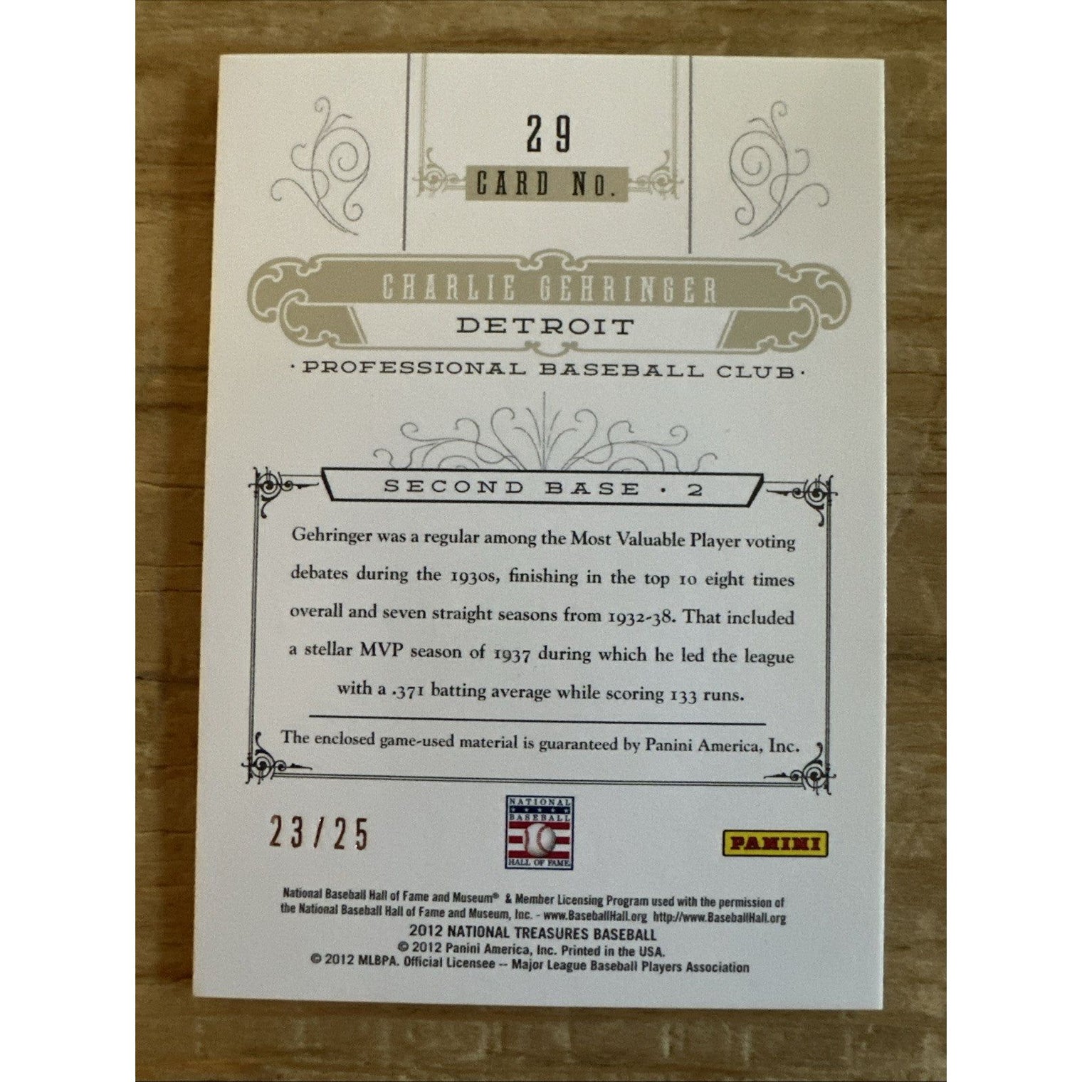 2012 Panini National Treasures Charlie Gehringer Detroit Tigers Trading card 23/25
