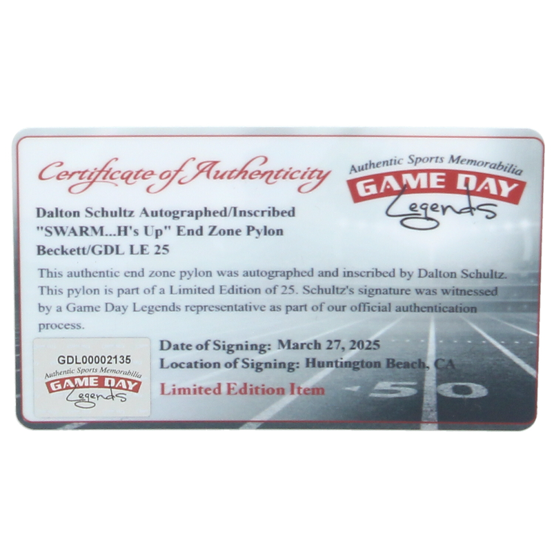 Dalton Schultz Autographed Houston Texans Swarm H's Up End Zone Pylon Beckett Witnessed LE 1/25