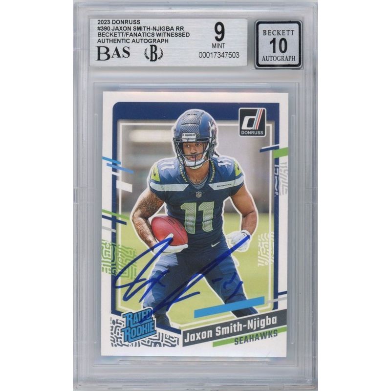Jaxon Smith-Njigba Autographed Seattle Seahawks 2023 Donruss RR RC Card #390 Seahawks BAS 9 Mint