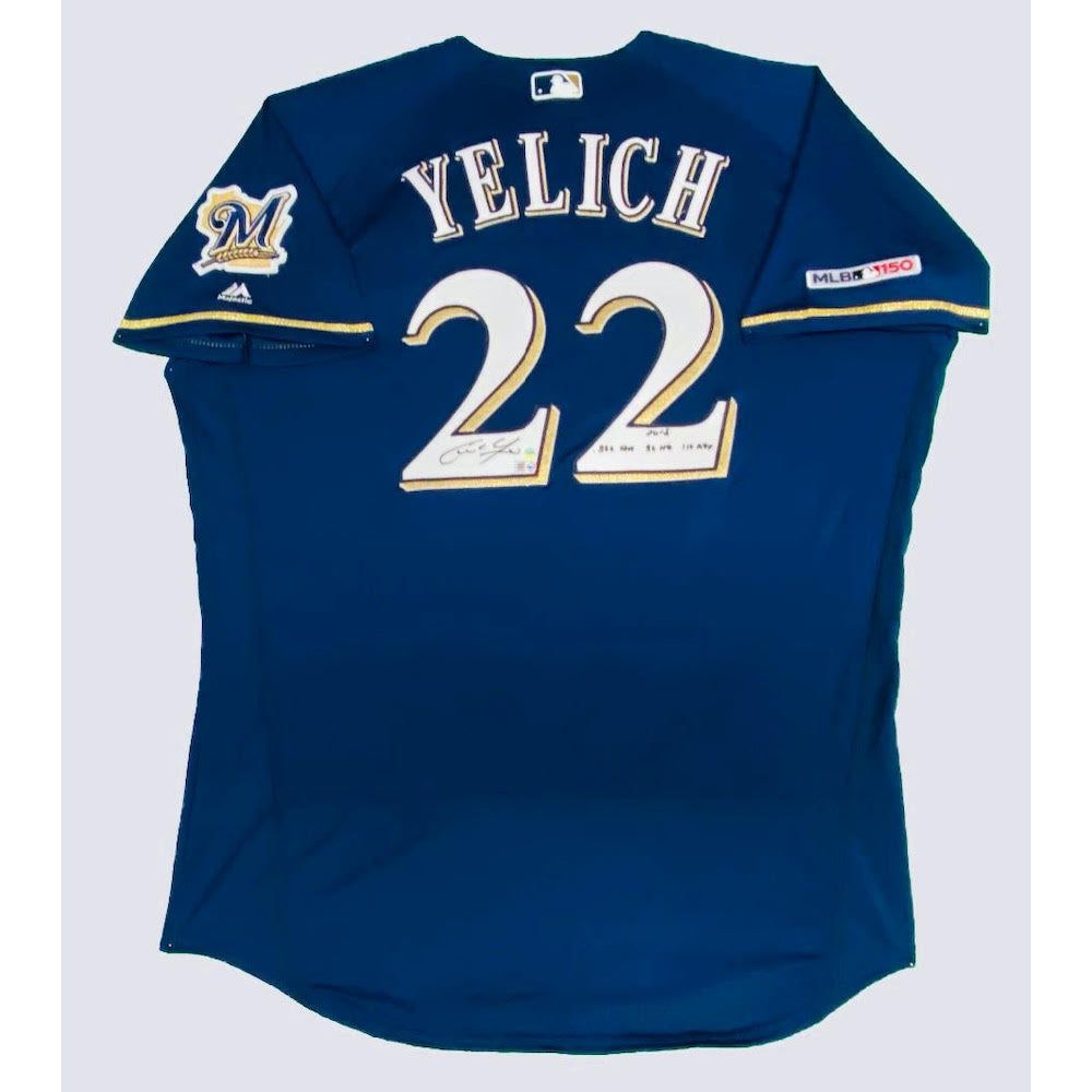CHRISTIAN YELICH Autographed '2018 Stat' Authentic Blue Milwaukee Brewers Jersey STEINER