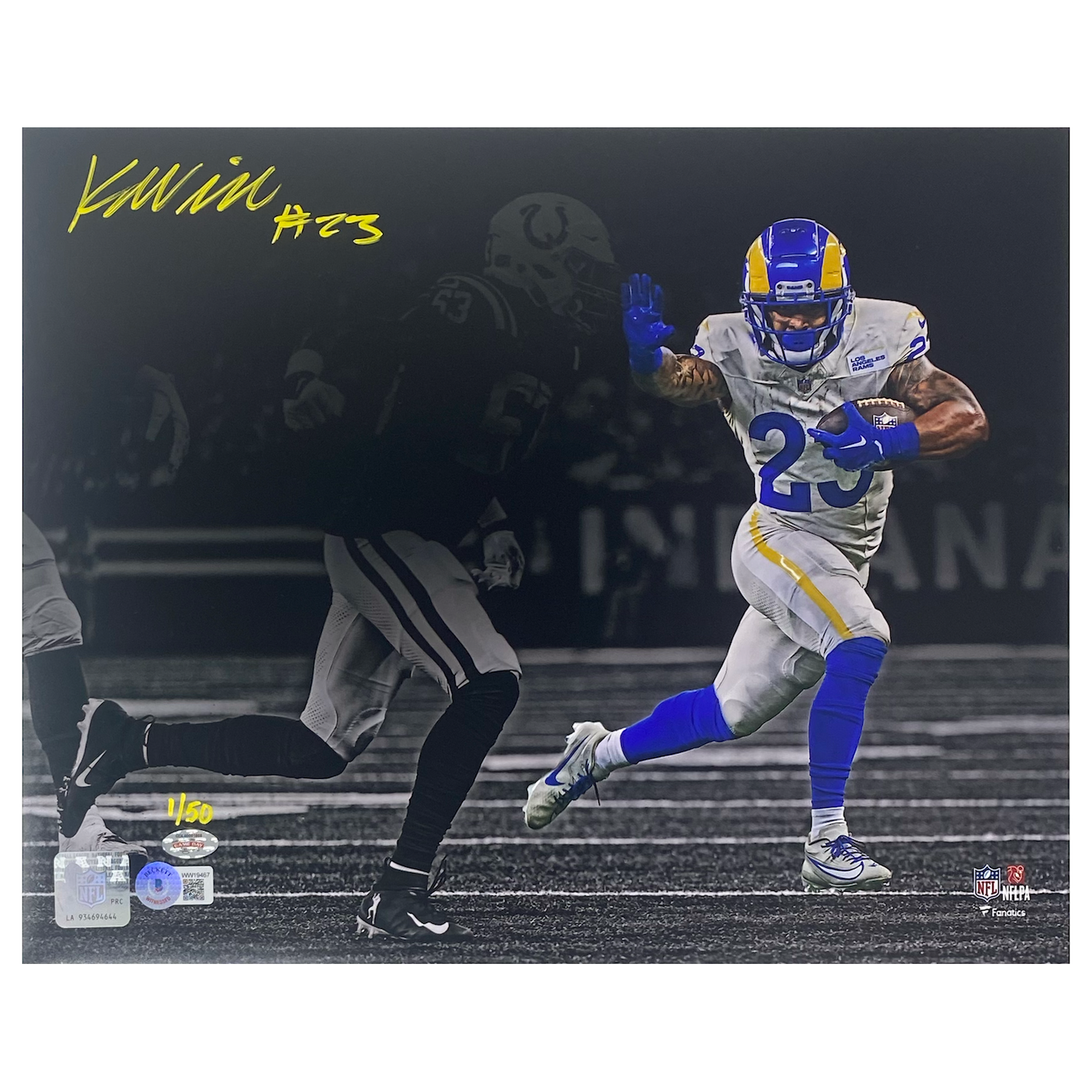 Kyren Williams Autographed Rams "Stiff Arm" 11" x 14" Photo Beckett GDL LE 1/50