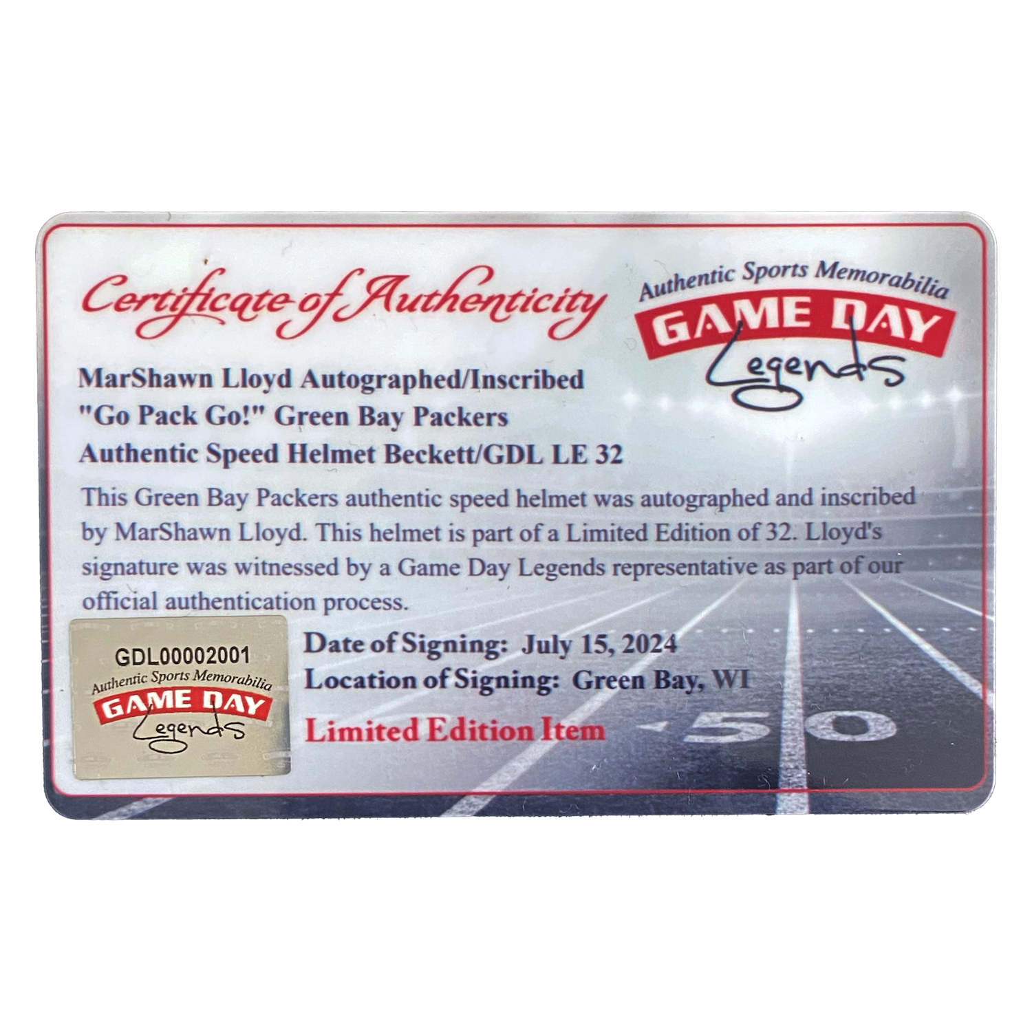 MarShawn Lloyd Autographed "Go Pack Go" Authentic Helmet Beckett / GDL LE 1/32