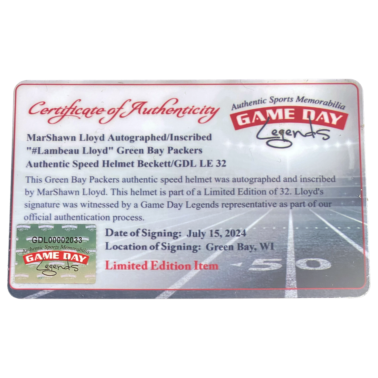 MarShawn Lloyd Autographed "#Lambeau Lloyd" Speed Helmet Beckett / GDL LE 1/32