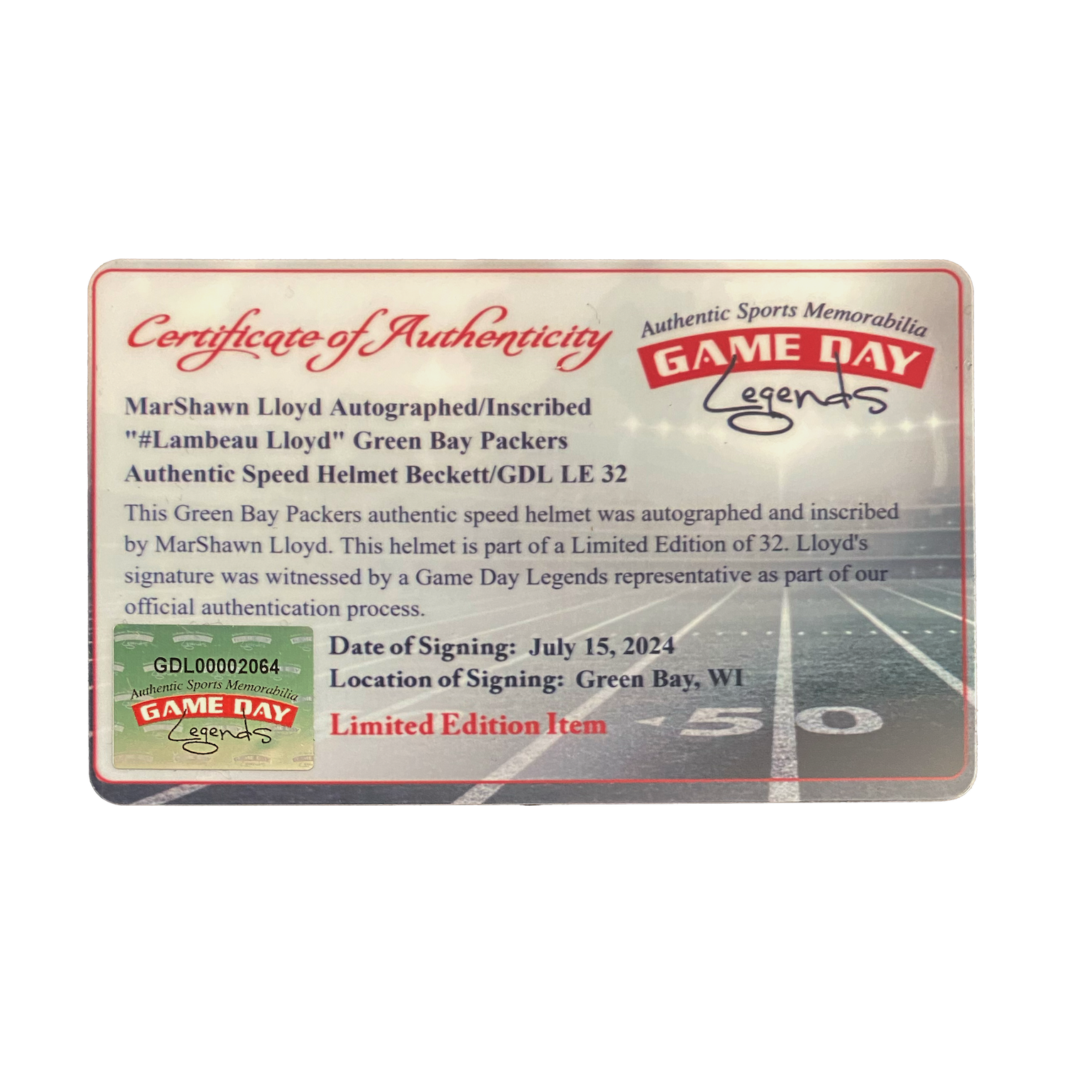 MarShawn Lloyd Autographed "#Lambeau Lloyd" Speed Helmet Beckett / GDL LE 32/32