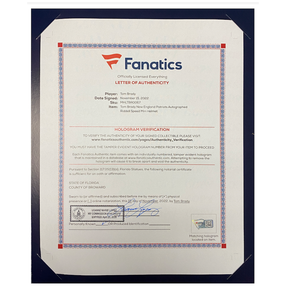 TOM BRADY Autographed New England Patriots Mini Speed Helmet FANATICS