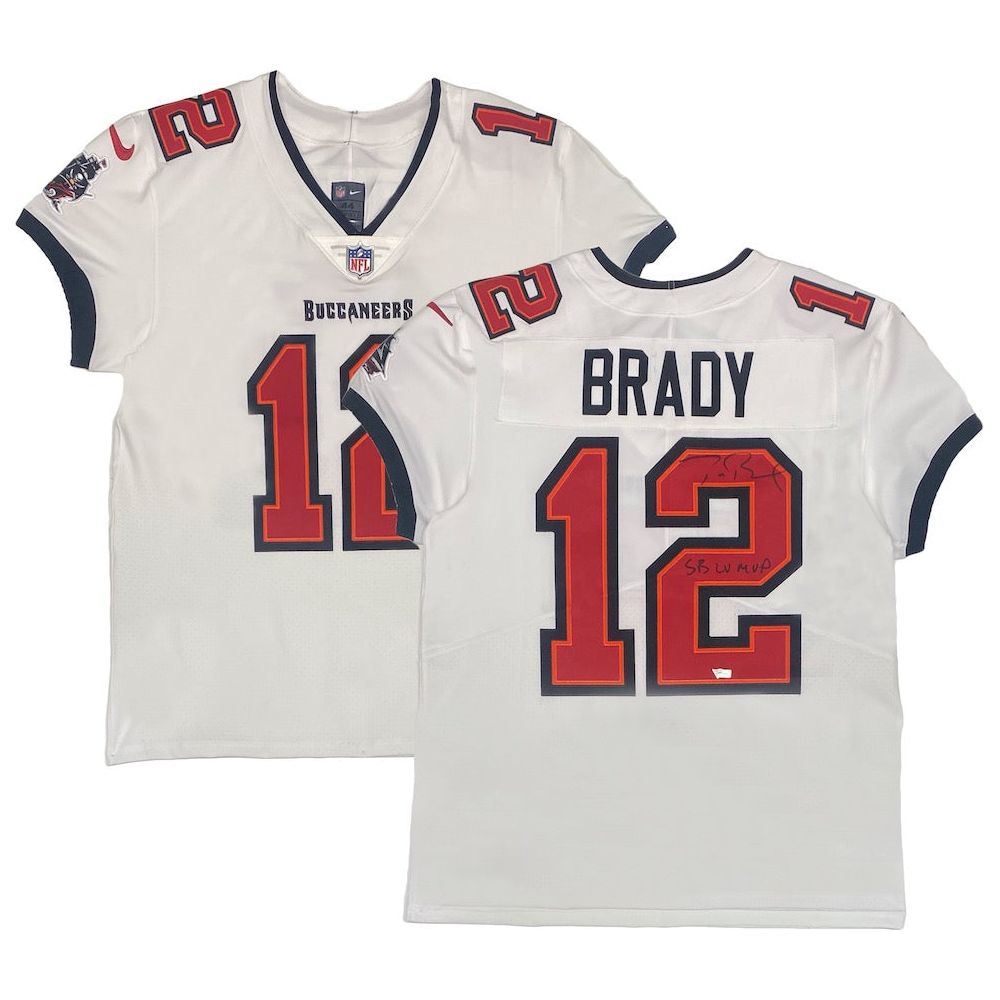 TOM BRADY Autographed "SB LV MVP" White Buccaneers Nike Elite Jersey FANATICS