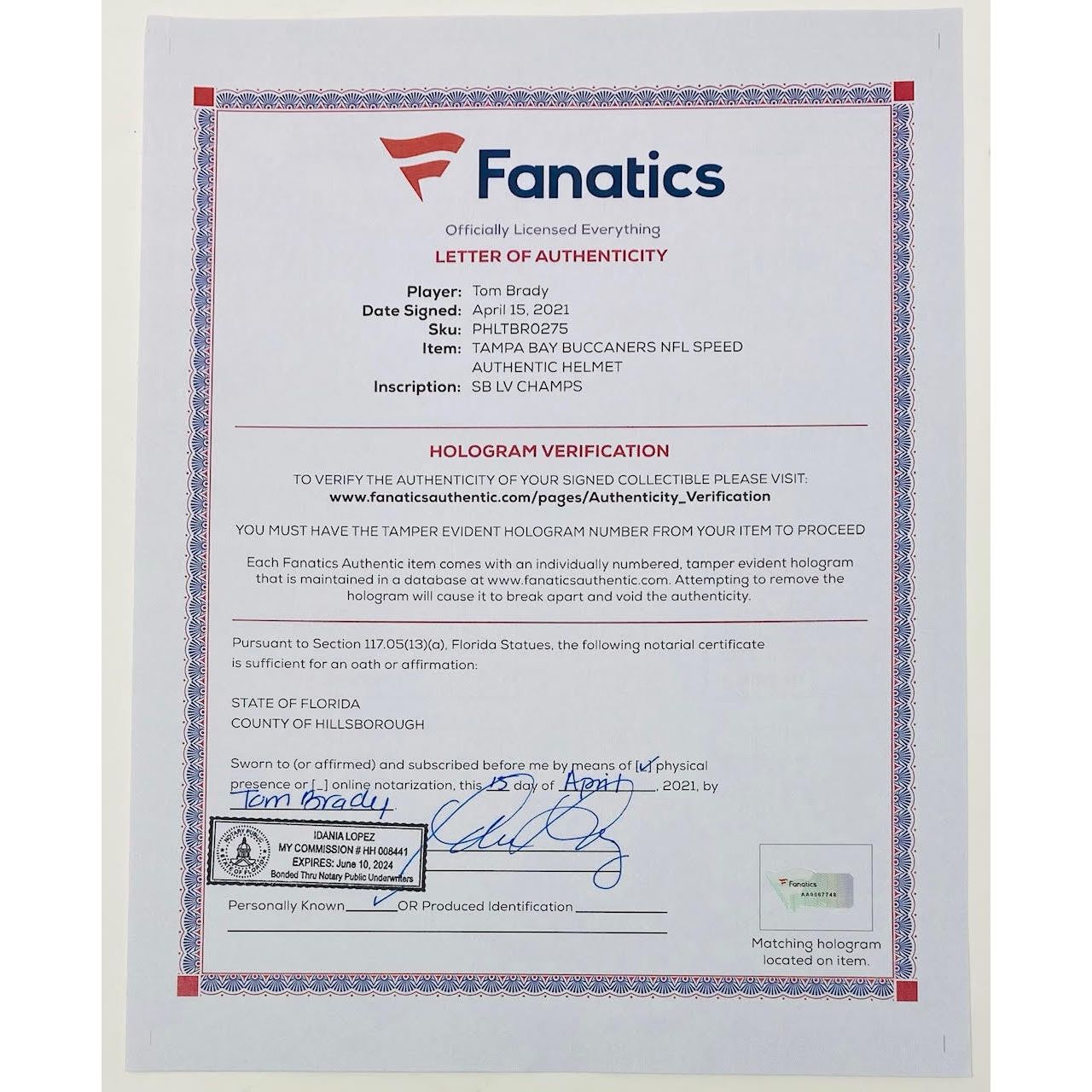 TOM BRADY Autographed "SB LV Champs" Buccaneers Authentic Speed Helmet FANATICS