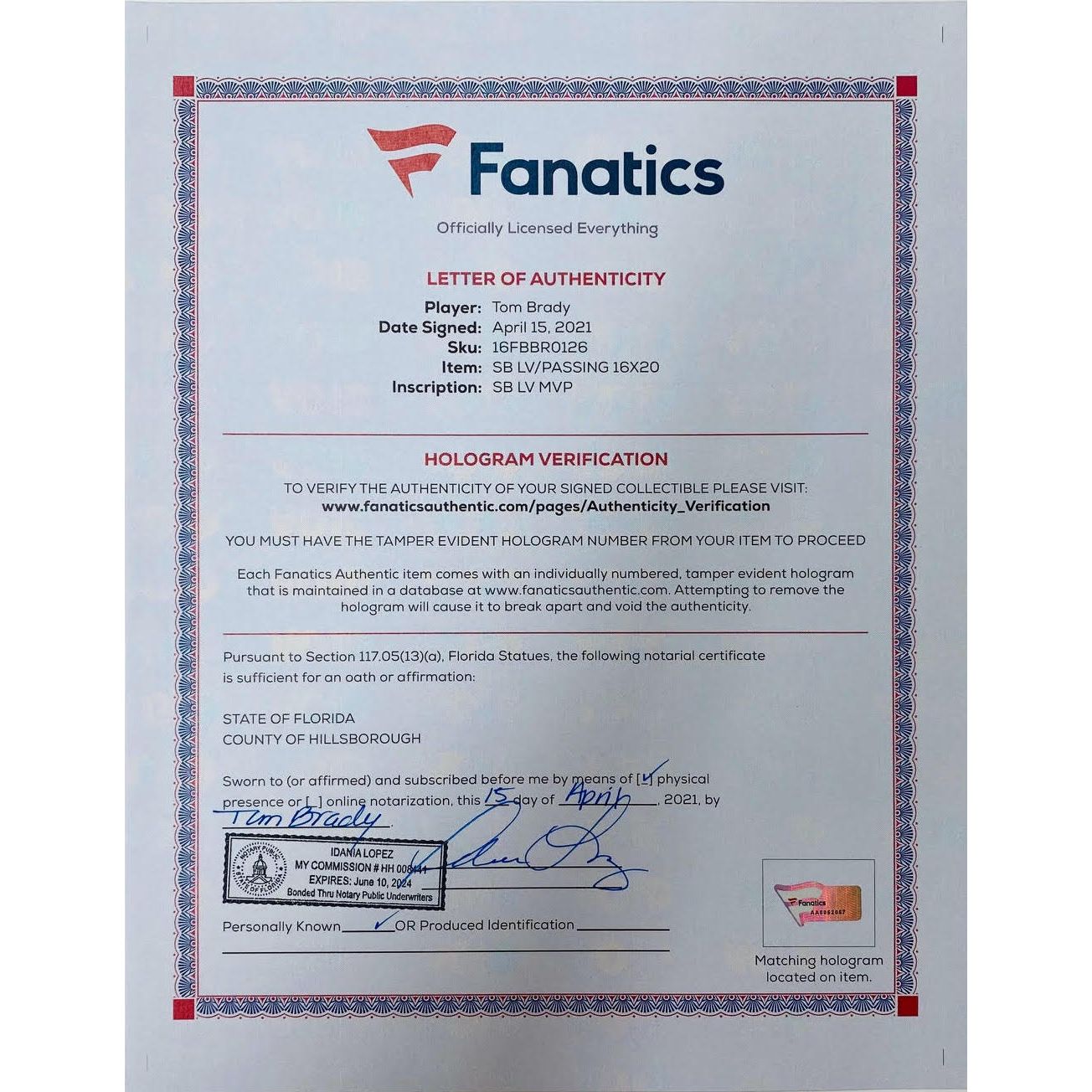 TOM BRADY Tampa Bay Buccaneers Autographed 16" x 20" Super Bowl LV Champions Super Bowl LV Action Photograph with "LV MVP" Inscription FANATICS