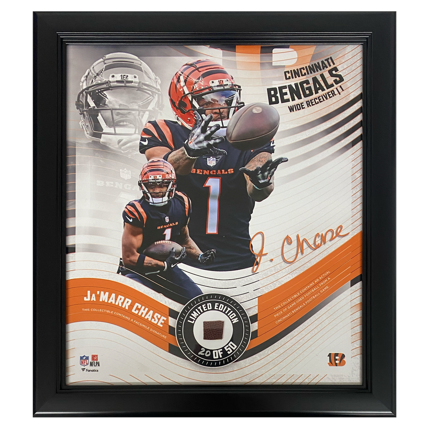 Ja'Marr Chase Bengals Framed 15" x 17" Game-Used Football Collage LE 50