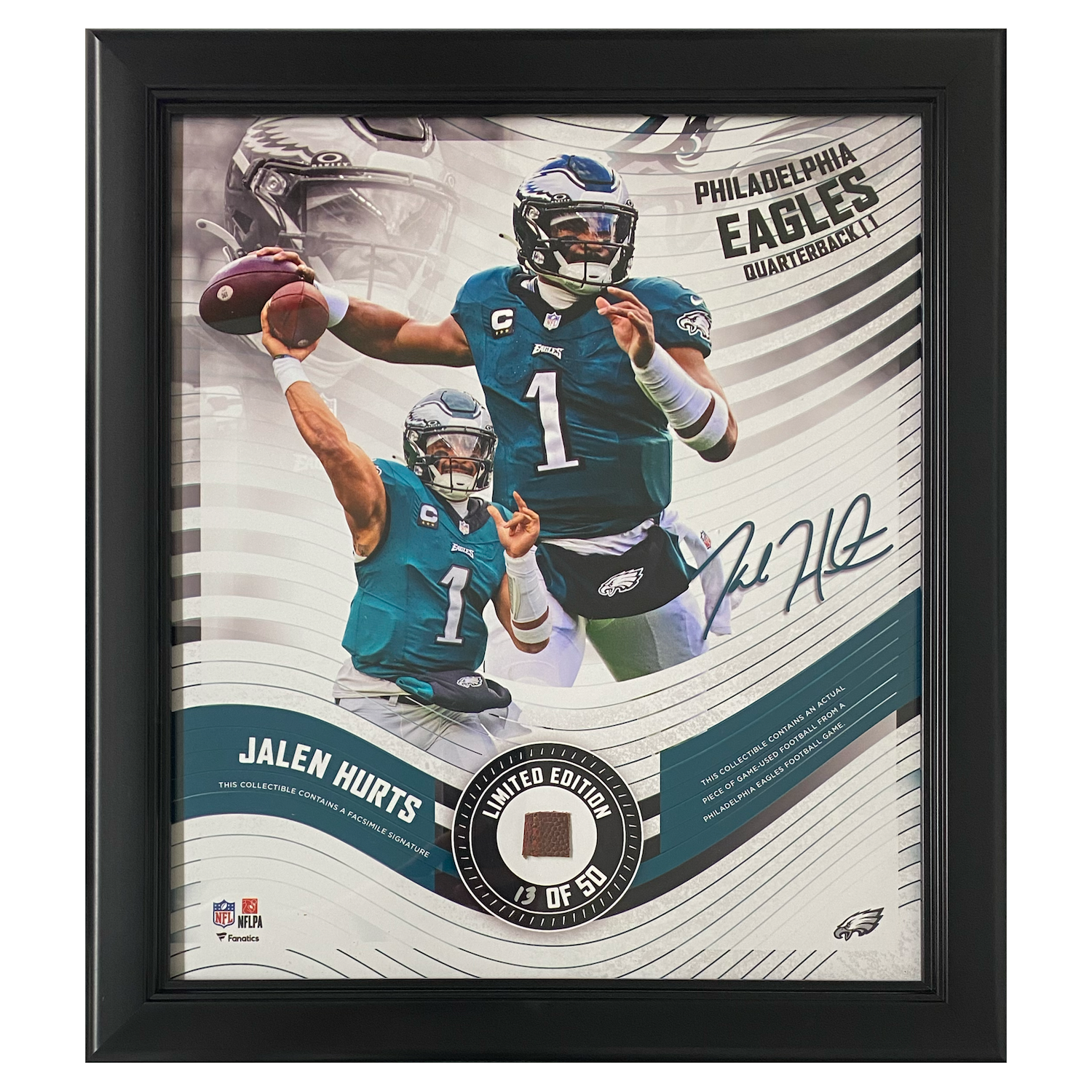 JALEN HURTS Eagles Framed 15" x 17" Game-Used Football Collage LE 50