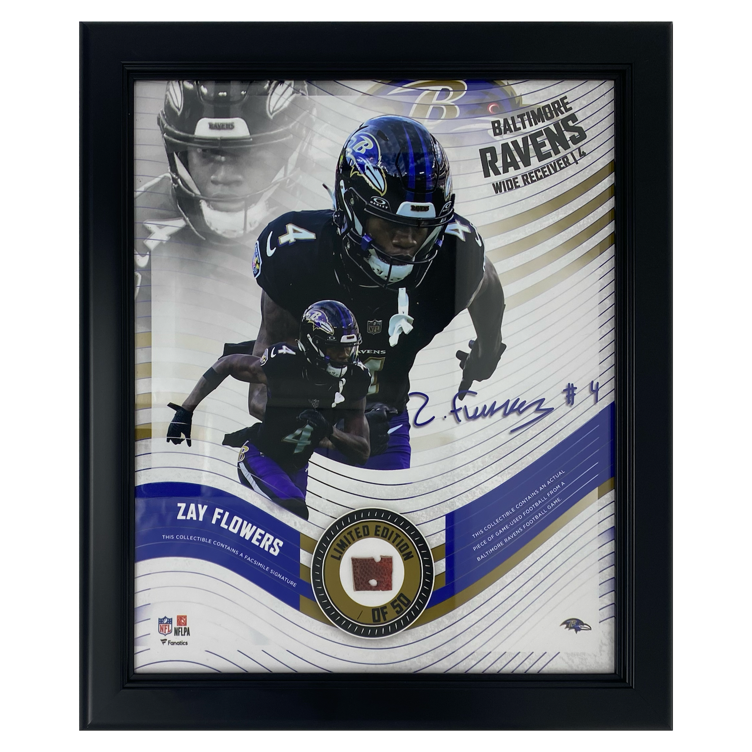 Zay Flowers Baltimore Ravens Framed 15" x 17" Game-Used Football Collage LE 1/50