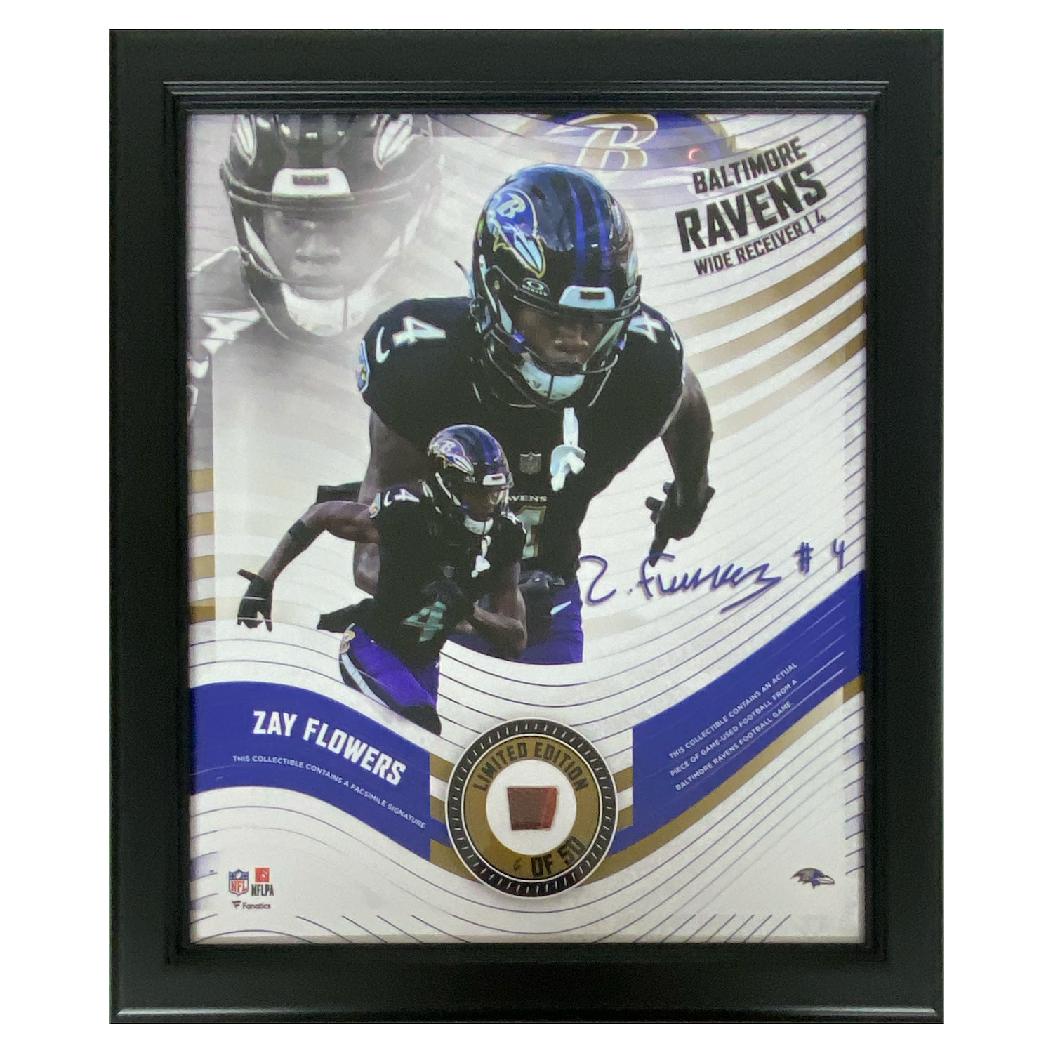 Zay Flowers Baltimore Ravens Framed 15" x 17" Game-Used Football Collage LE 50
