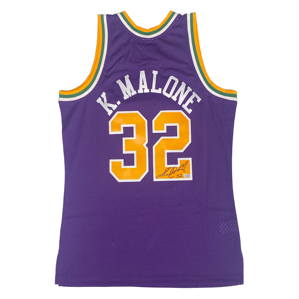 KARL MALONE Autographed Utah Jazz M&N 1991 Purple Road Jersey FANATICS