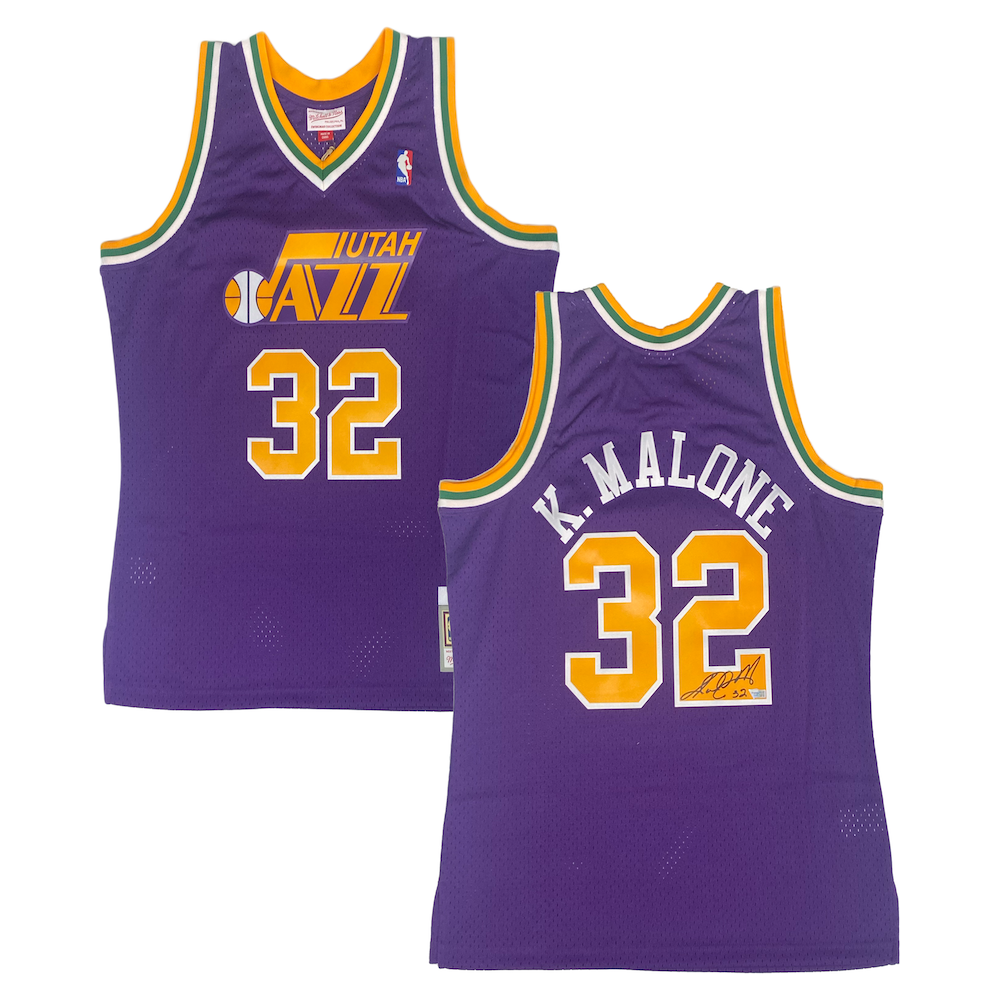 KARL MALONE Autographed Utah Jazz M&N 1991 Purple Road Jersey FANATICS