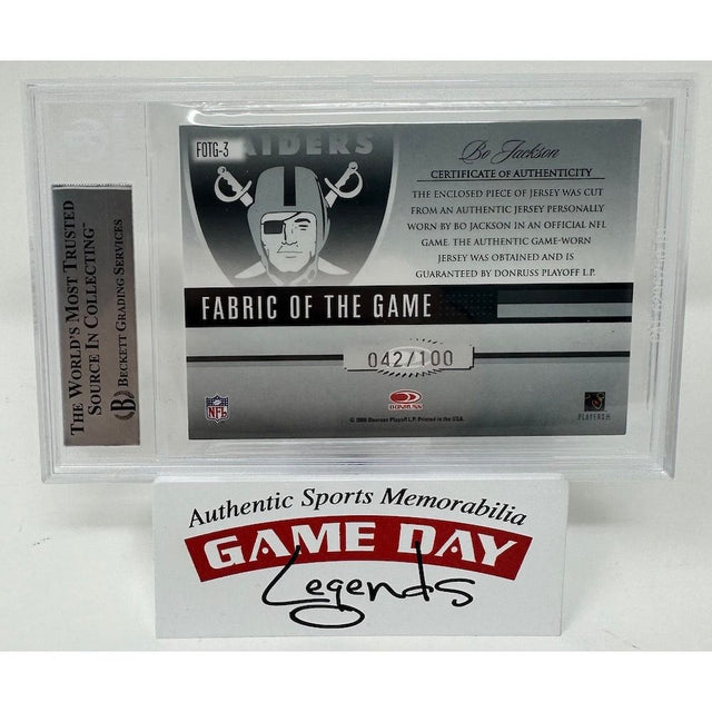 Bo Jackson Autographed Raiders 2006 Leaf Fabric of Game Jersey Card LE 42/100 Beckett