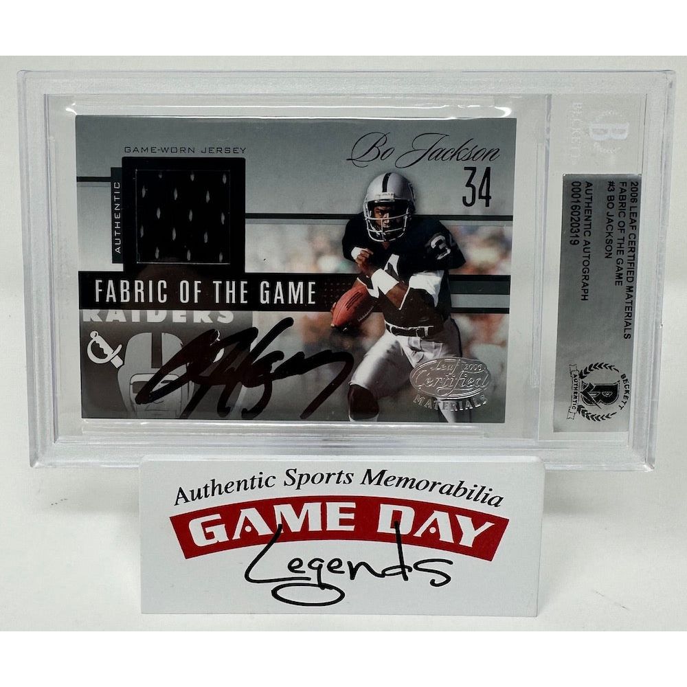 Bo Jackson Autographed Raiders 2006 Leaf Fabric of Game Jersey Card LE 42/100 Beckett
