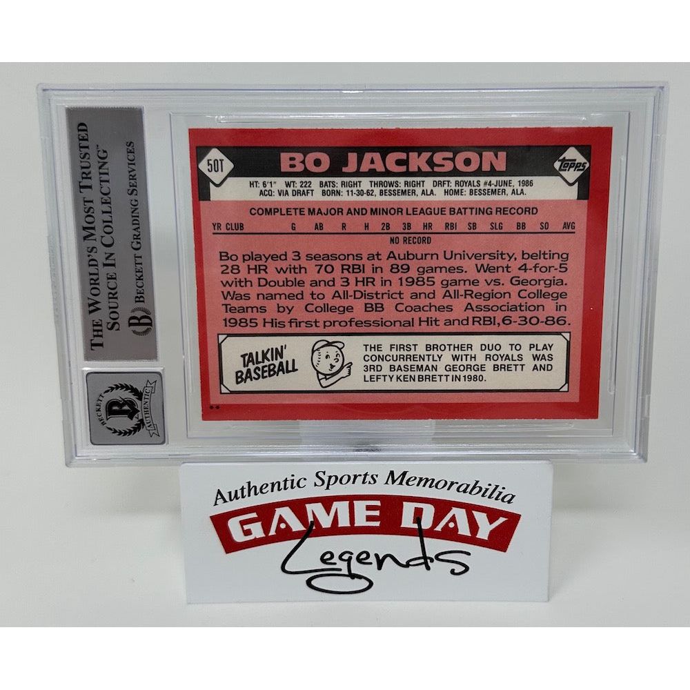 Bo Jackson Kansas City Royals Autographed 1986 Topps Baseball #50T Royals RC Trading Card BGS 10