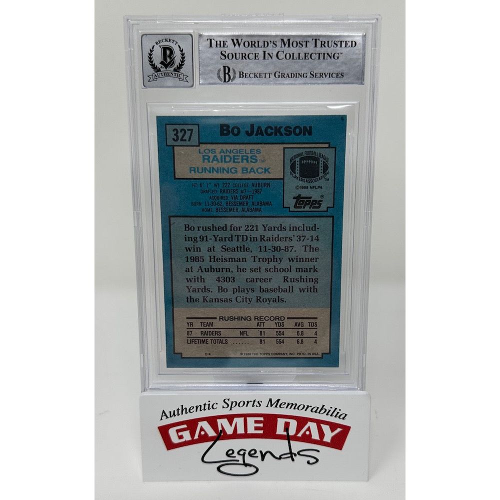 Bo Jackson Autographed Raiders 1988 Topps #327 RC Rookie Card Raiders BAS 10 Auto