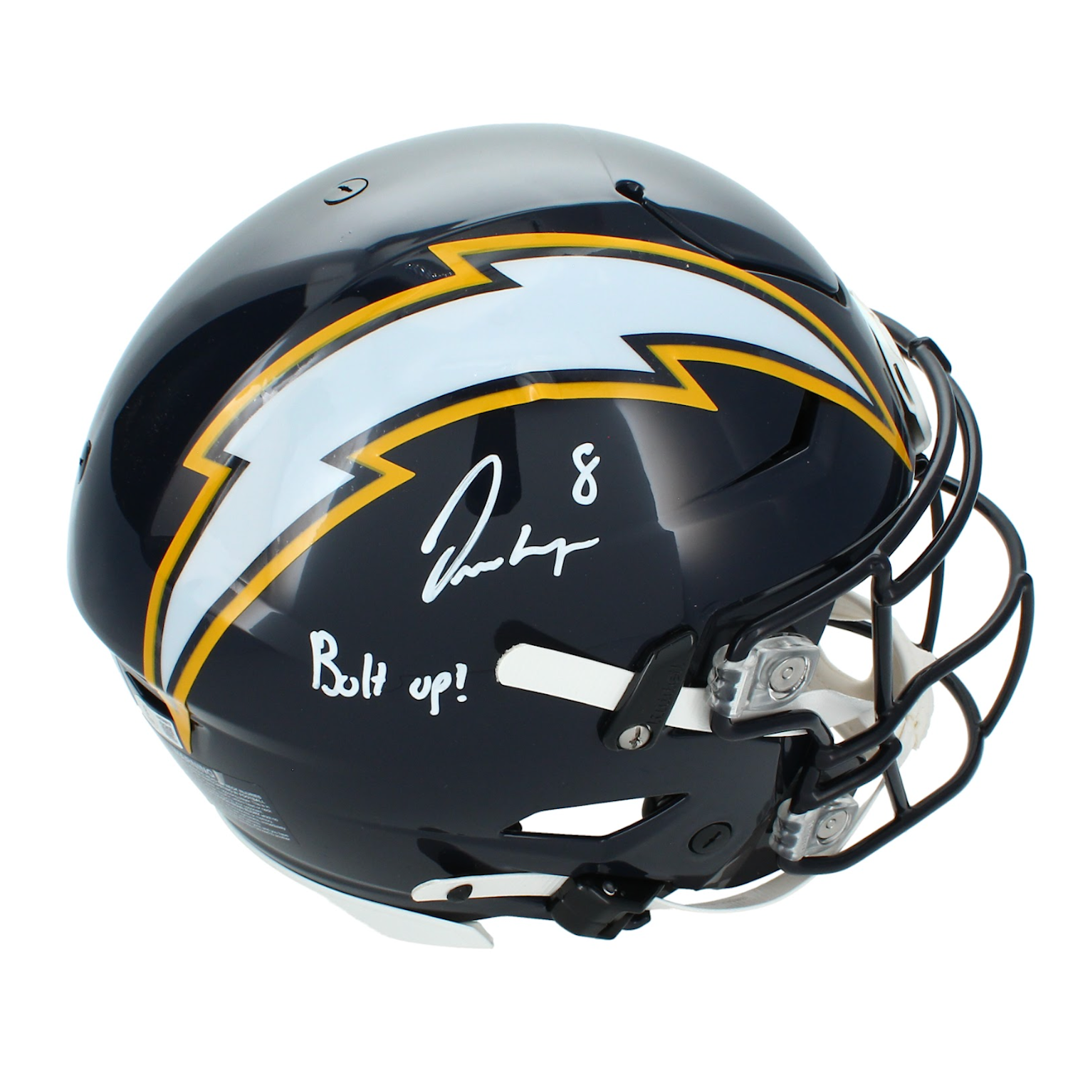 Omarion Hampton Autographed & Inscribed "BOLT UP!" Los Angeles Chargers Navy 2025 Alternate Speedflex Authentic Helmet Beckett