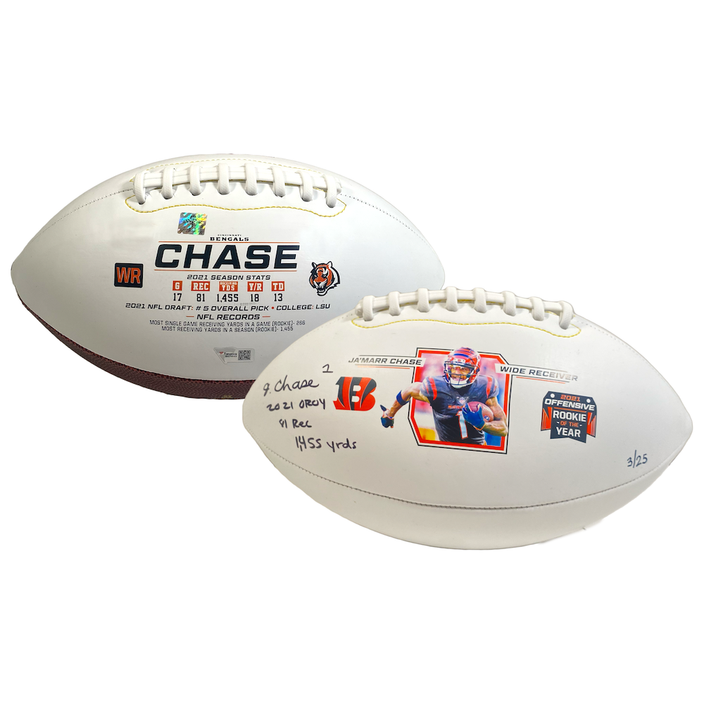 JA'MARR CHASE Autographed Cincinnati Bengals "2021 OROY" Stat White Panel Football FANATICS LE 25