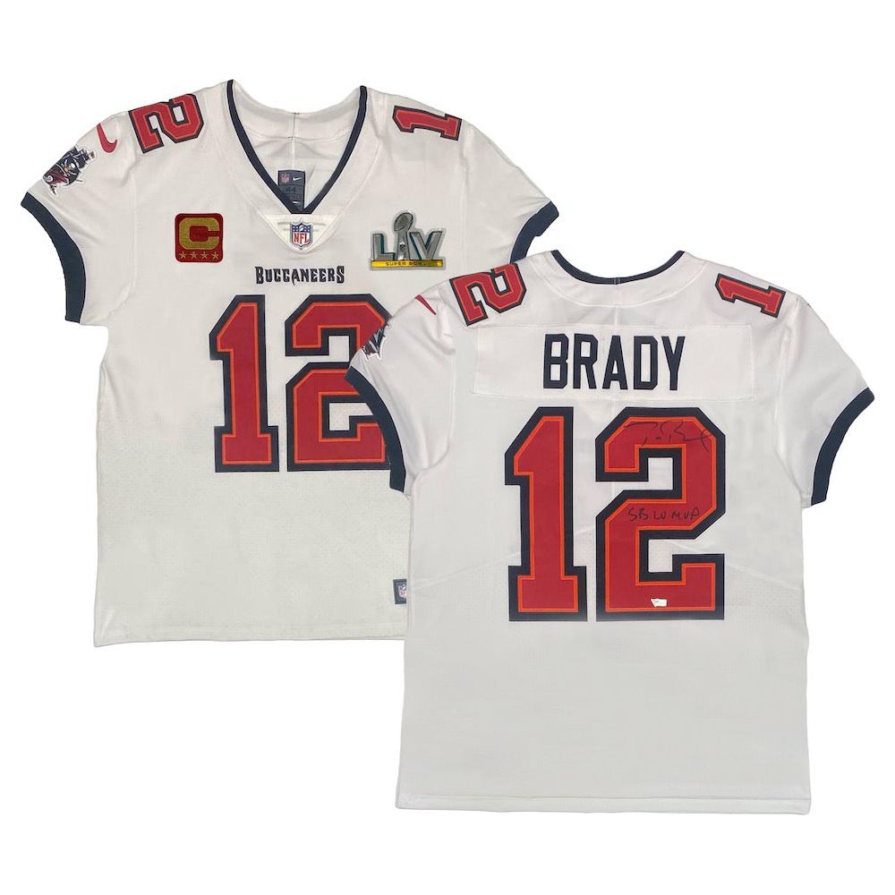TOM BRADY Autographed "SB LV MVP" White SB Patch Bucs Nike Elite Jersey FANATICS