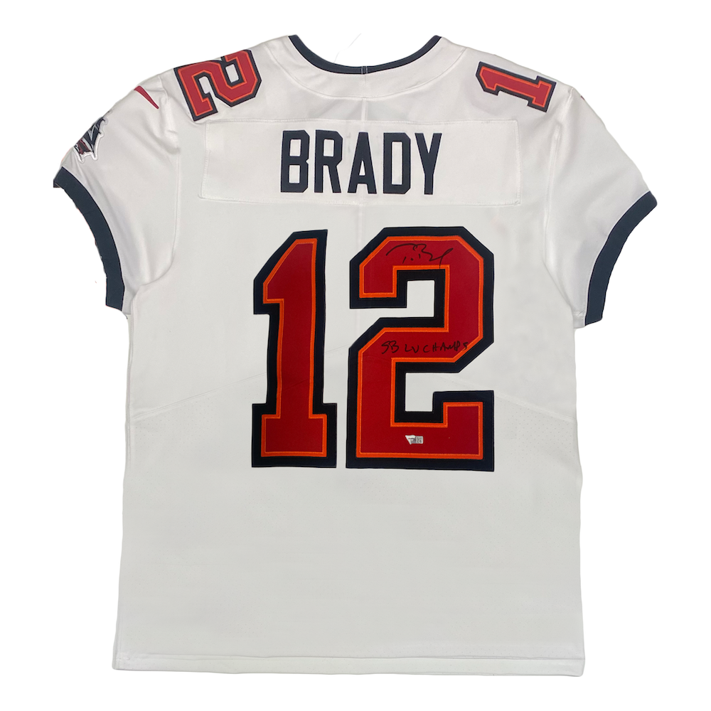 TOM BRADY Autographed "SB LV Champs" White Buccaneers Nike Elite Jersey FANATICS