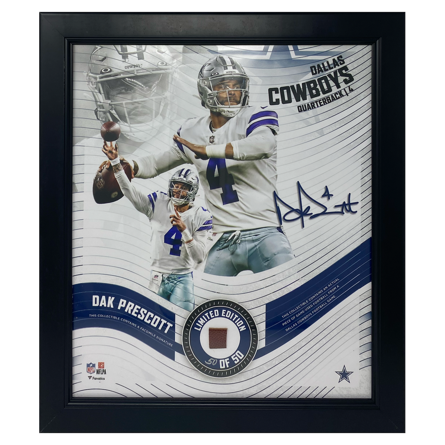 Dak Prescott Dallas Cowboys Framed 15" x 17" Game Used Football Collage LE 50/50