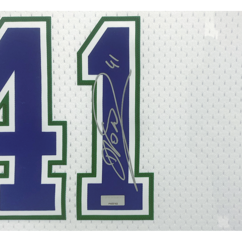 Dirk Nowitzki Autographed Dallas Mavericks Throwback M&N 34" x 42" Framed White Jersey Panini